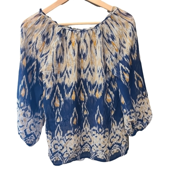 Kenar blue yellow  mid length sleeves see through blouse shirt - Picture 4 of 10